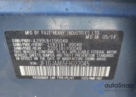 2014 Subaru Impreza 2.0I из США, поврежденный, VIN JF1GJAA65EH022045